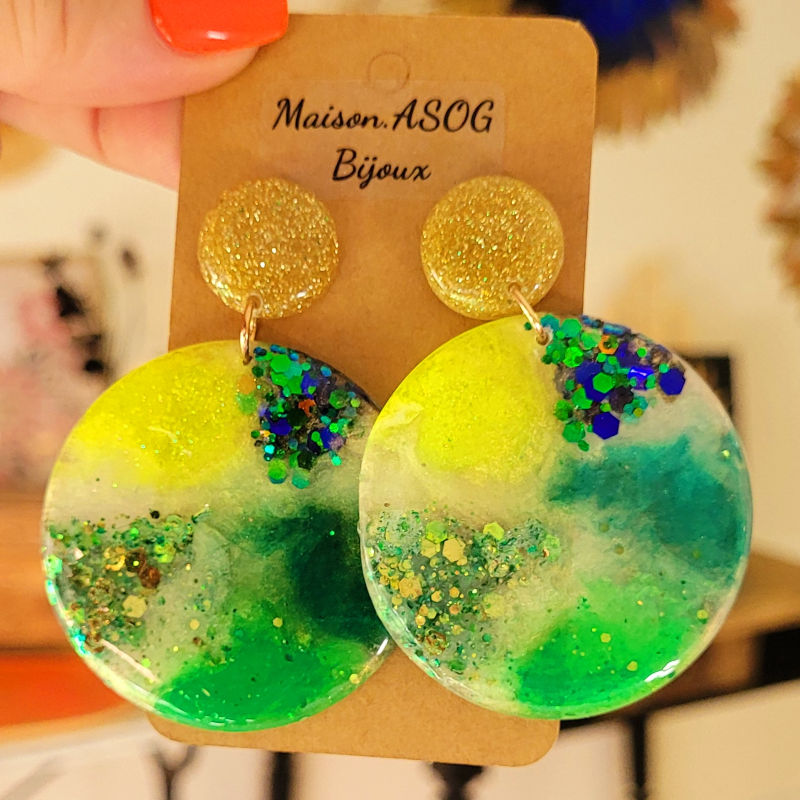 Boucles d'oreilles Margot fluo doré bleu vert jaune paillette