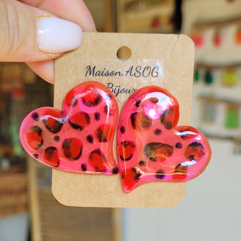 Boucles d'oreille Maxi Anna Léopard rose fluo orange et rouge