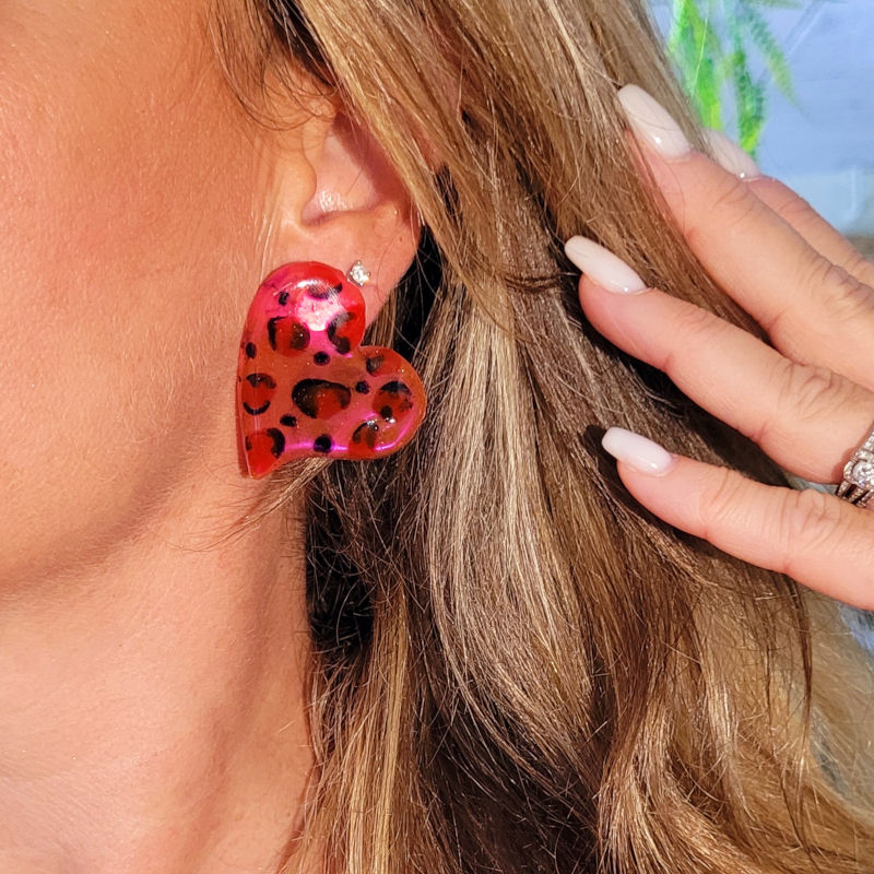 Boucles d'oreille Maxi Anna Léopard rose fluo orange et rouge