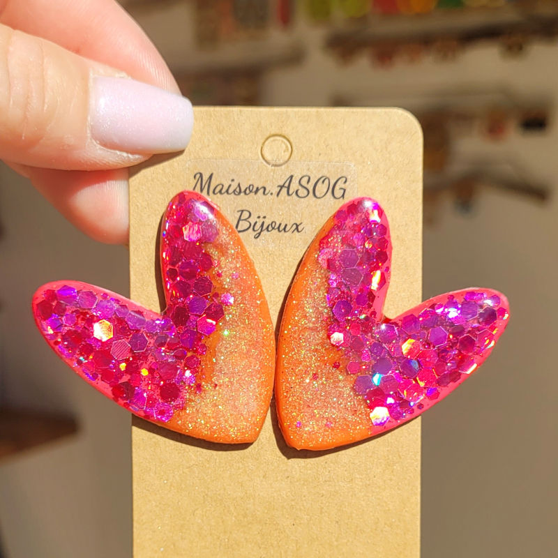 Boucles d'Oreille Maxi Love paillette rose fuschia et caramel doré