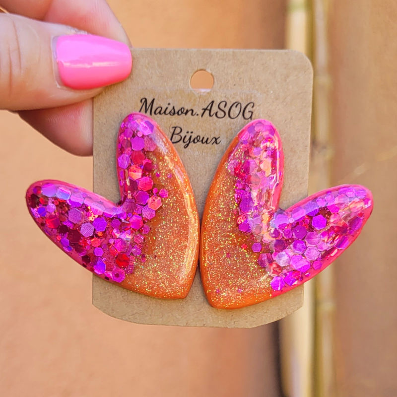 Boucles d'Oreille Maxi Love paillette rose fuschia et caramel doré