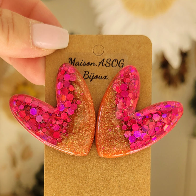 Boucles d'Oreille Maxi Love paillette rose fuschia et caramel doré