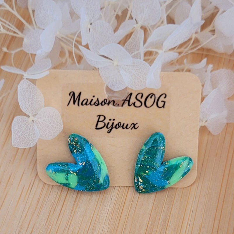 Boucle d'oreilles Mini Love marbré bleu roi vert clair fluo et foncé doré