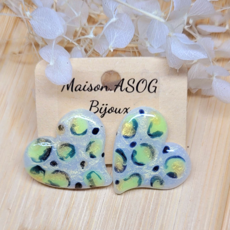 Boucles d'oreille Mini Anna Léopard jaune fluo blanc nacré et doré