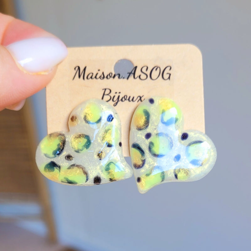 Boucles d'oreille Mini Anna Léopard jaune fluo blanc nacré et doré