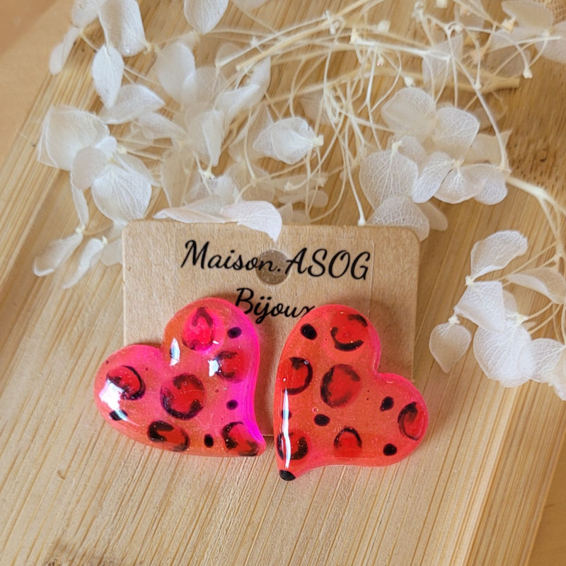 Boucles d'oreille Mini Anna Léopard rose fluo orange et rouge