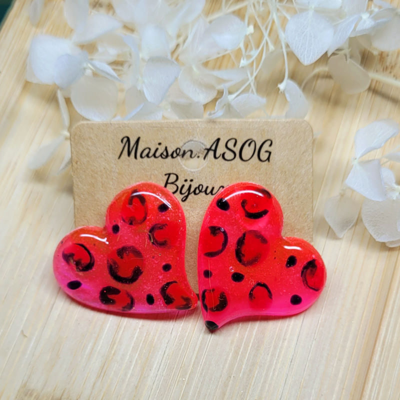 Boucles d'oreille Mini Anna Léopard rose fluo orange et rouge
