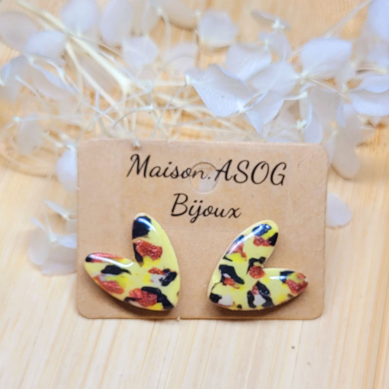 Boucles d'oreille Mini Love Léopard jaune beurre caramel jaune et doré