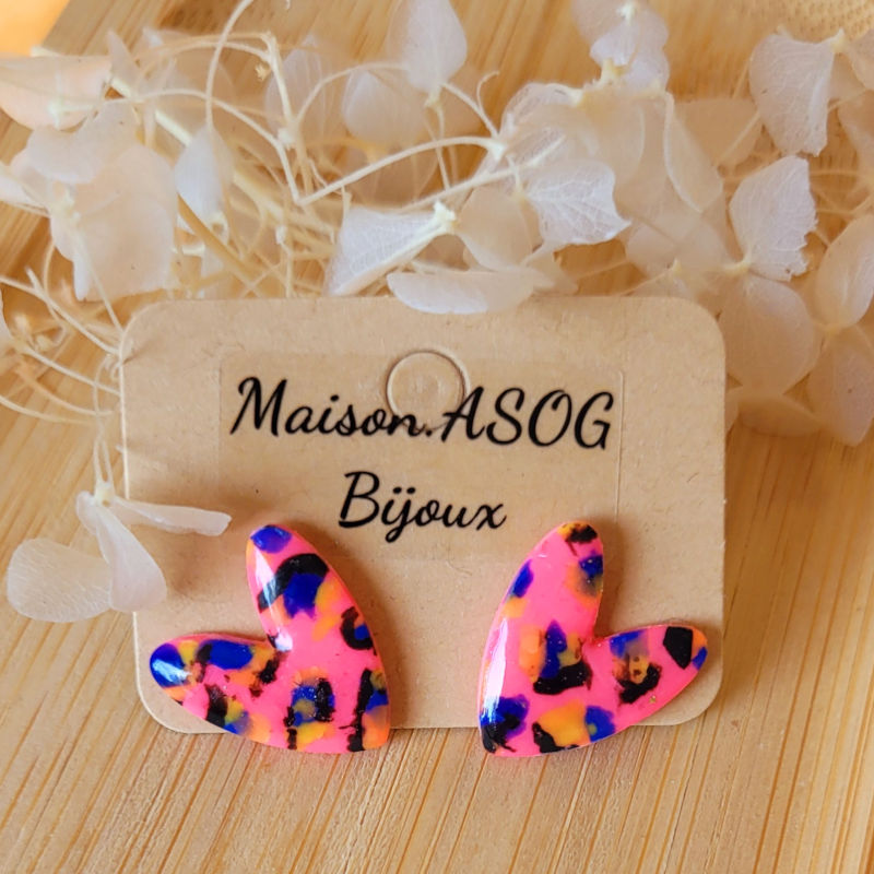 Boucles d'oreille Mini Love Léopard rose fluo bleu marine et orange