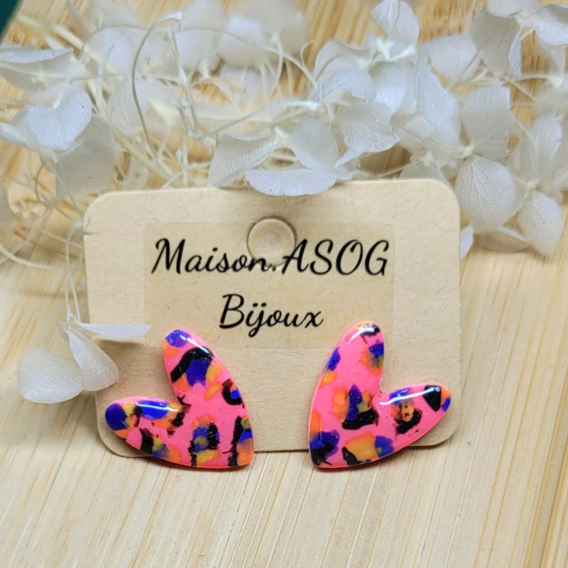 Boucles d'oreille Mini Love Léopard rose fluo bleu marine et orange