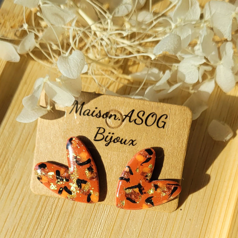 Boucles d'oreille Mini Love Léopard terracotta caramel orange et doré