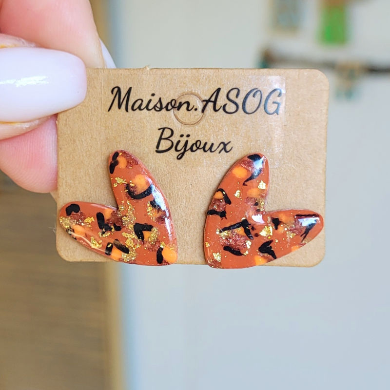 Boucles d'oreille Mini Love Léopard terracotta caramel orange et doré