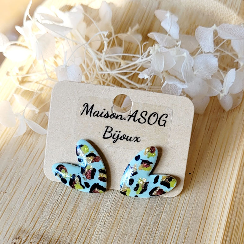 Boucles d'oreille Mini Love Léopard vert sauge vert anis caramel et doré