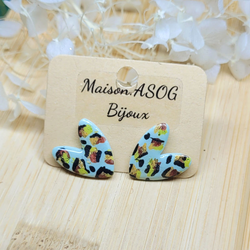 Boucles d'oreille Mini Love Léopard vert sauge vert anis caramel et doré
