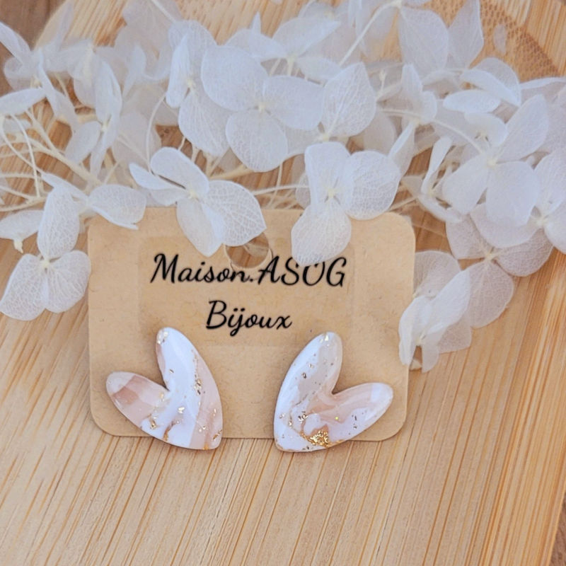 Boucle d'oreilles Mini Love marbré beige blanche et pointe de doré