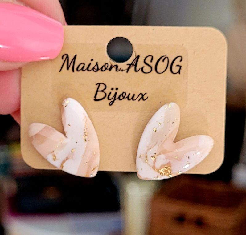 Boucle d'oreilles Mini Love marbré beige blanche et pointe de doré