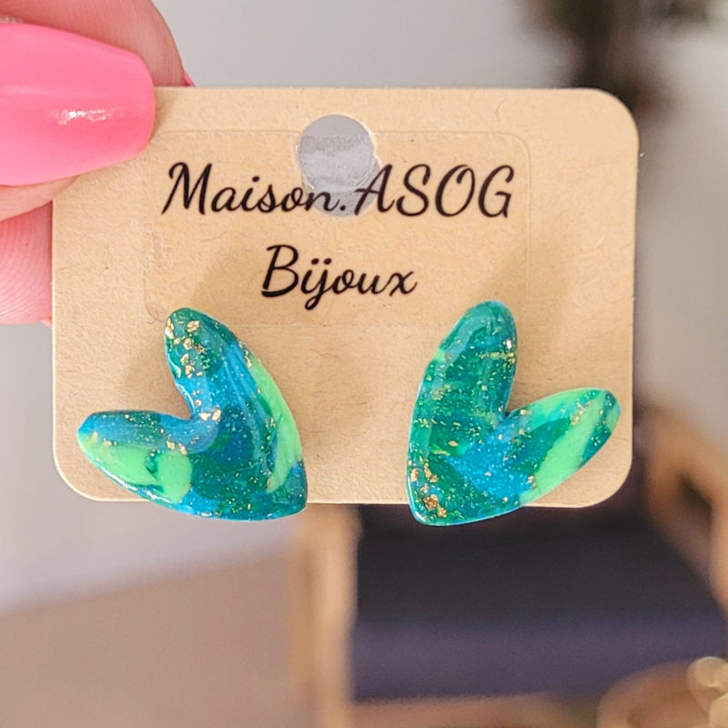 Boucle d'oreilles Mini Love marbré bleu roi vert clair fluo et foncé doré