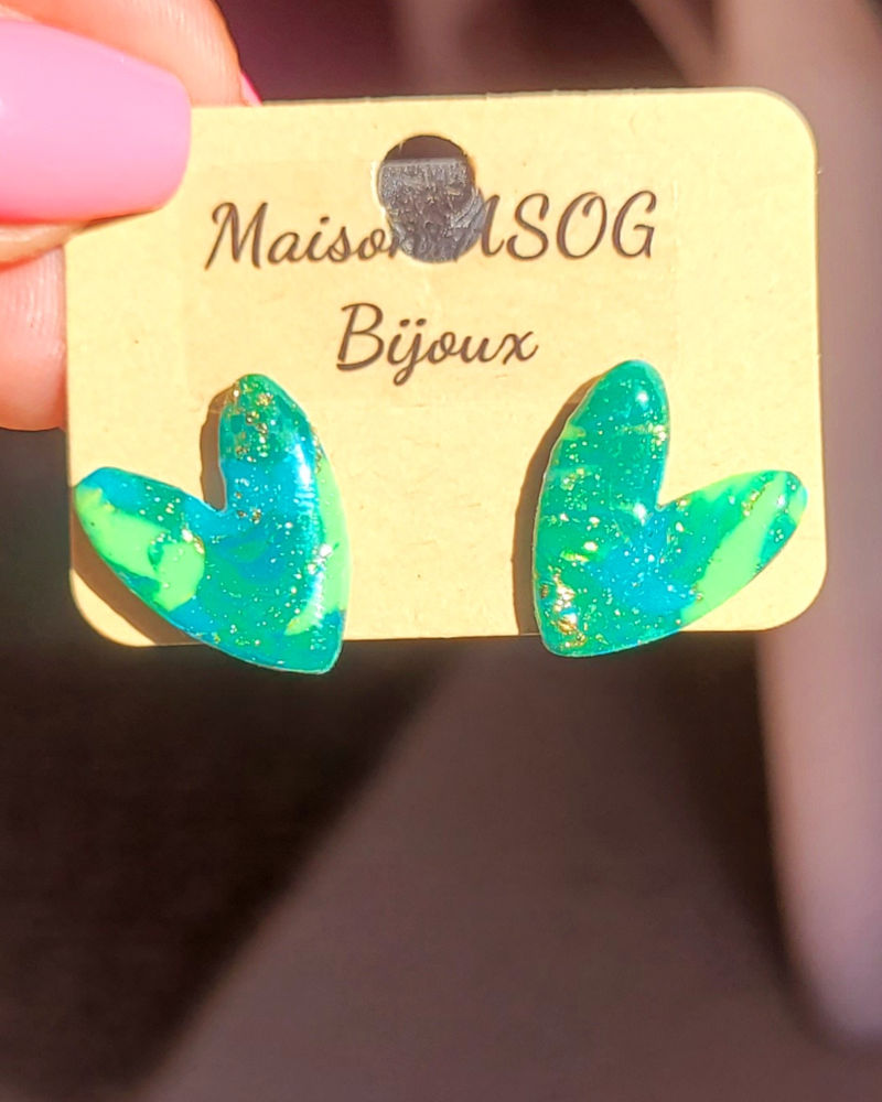Boucle d'oreilles Mini Love marbré bleu roi vert clair fluo et foncé doré