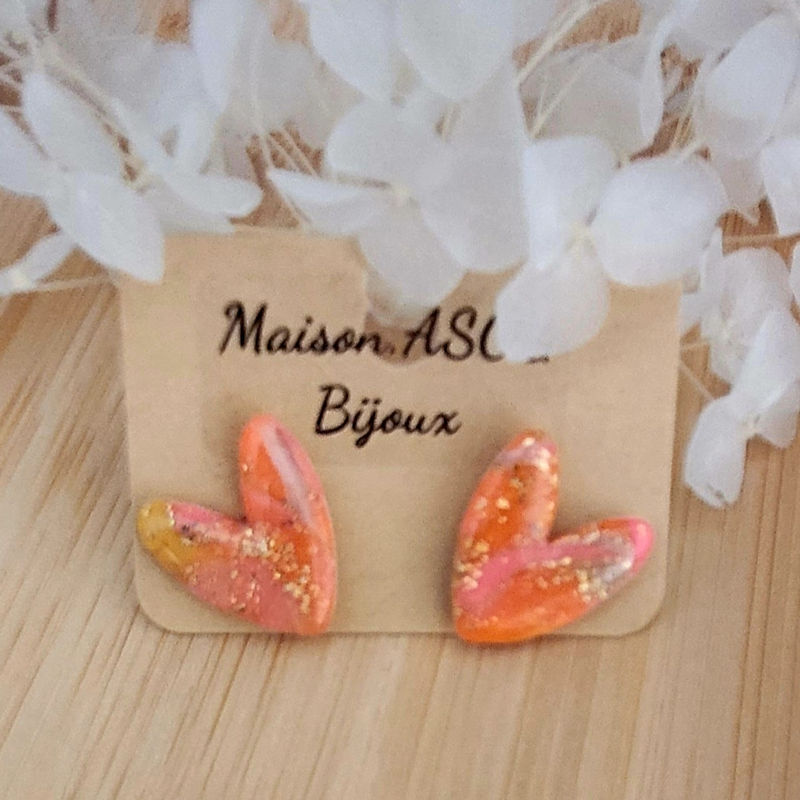 Boucle d'oreilles Mini Love marbré rose orange jaune beige et doré