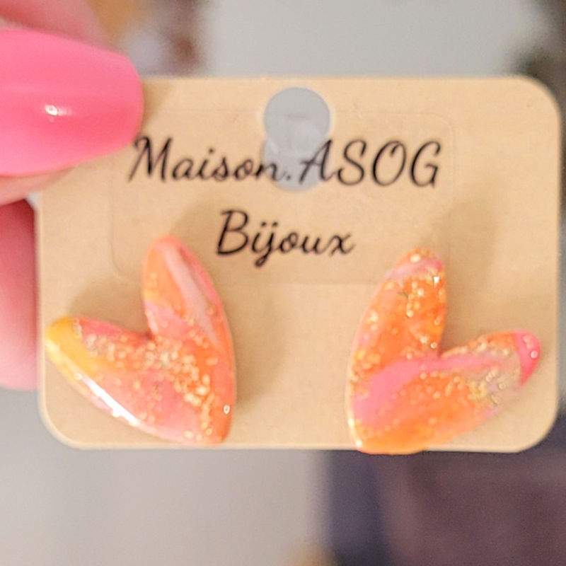 Boucle d'oreilles Mini Love marbré rose orange jaune beige et doré