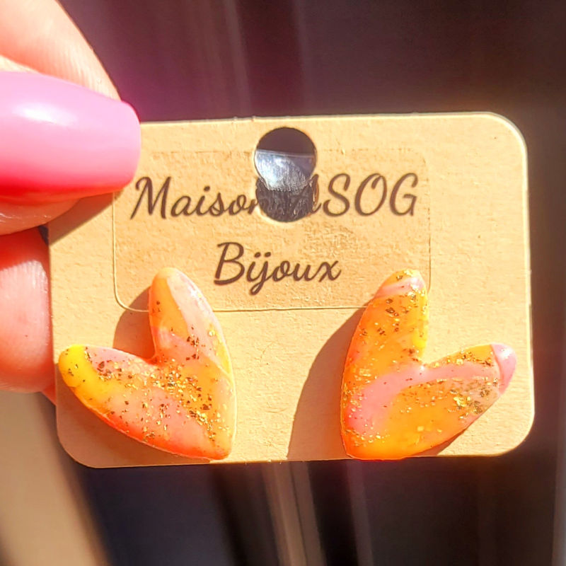 Boucle d'oreilles Mini Love marbré rose orange jaune beige et doré