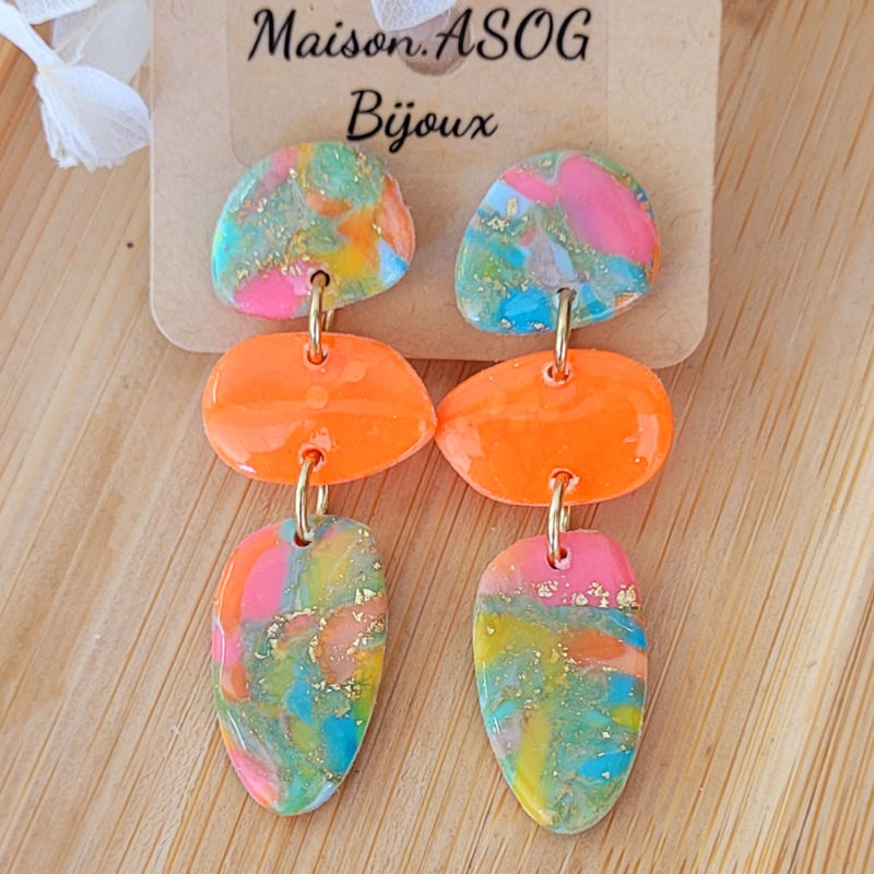 Boucle d'oreille Jackie marbré orange rose vert bleu doré