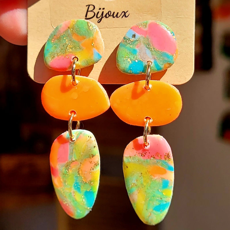 Boucle d'oreille Jackie marbré orange rose vert bleu doré