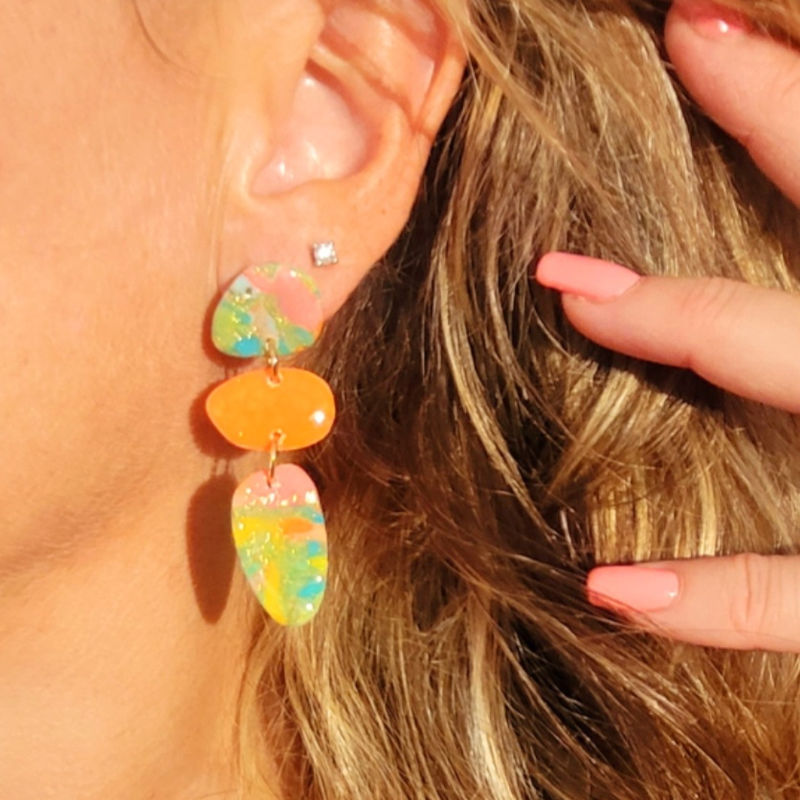 Boucle d'oreille Jackie marbré orange rose vert bleu doré