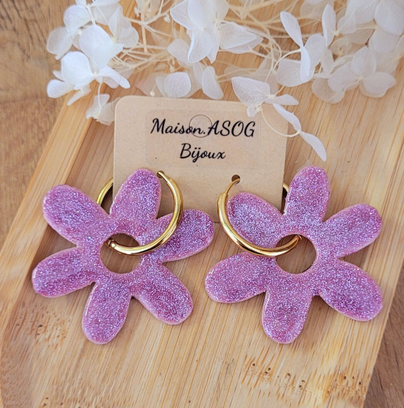 Boucles d'oreilles créole dorée et pampille Flora réversible rose bonbon métallisé et rose pailleté