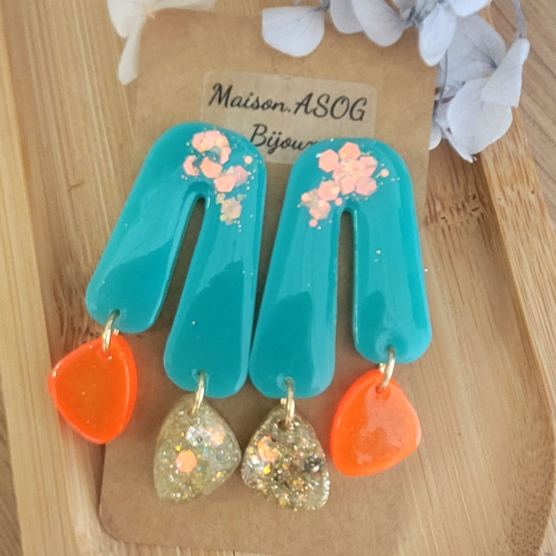 Boucles d'oreilles Roman bleu orange paillette dorée holographique