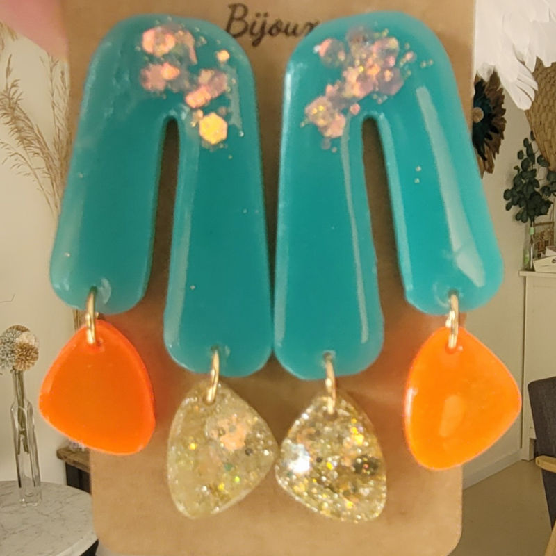 Boucles d'oreilles Roman bleu orange paillette dorée holographique