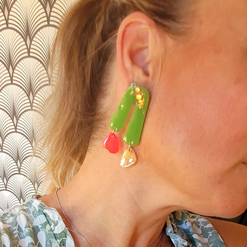 Boucles d'oreilles Roman vert rose fluo paillette dorée holographique