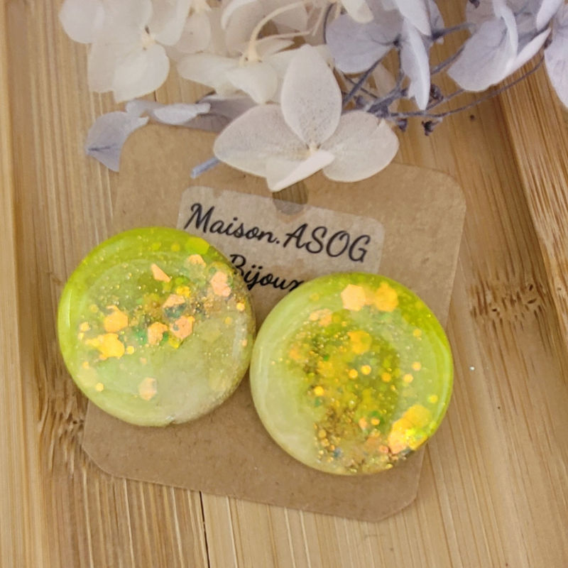 Boucles d'oreilles Romy jaune flashy et paillette dorée holographique
