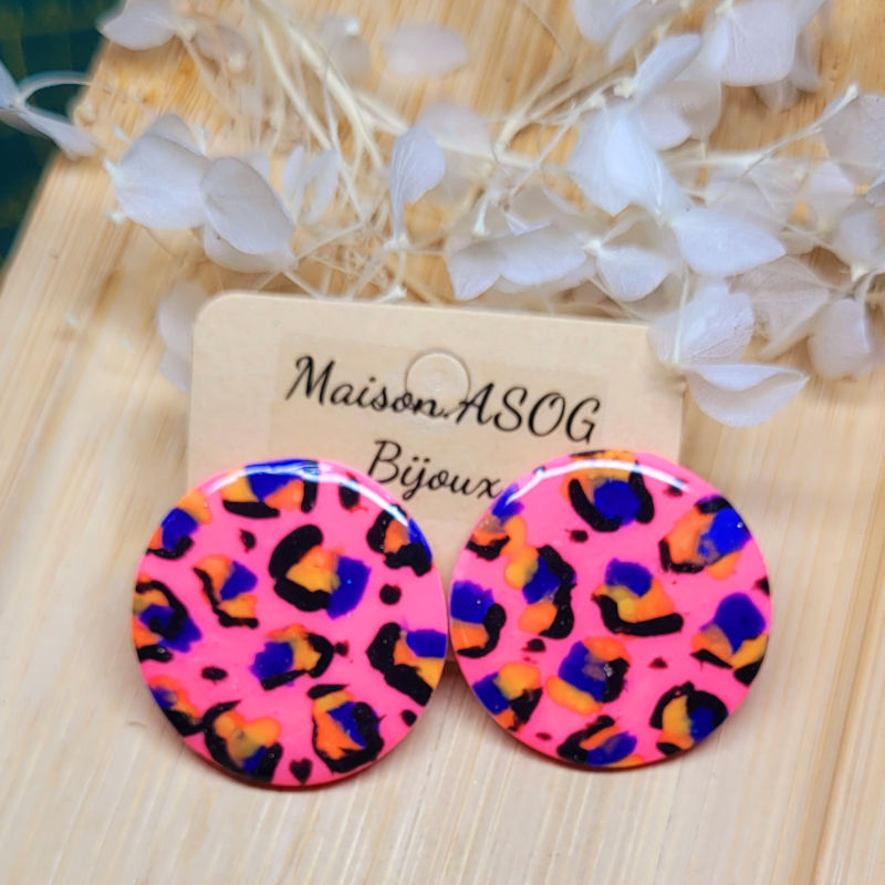 Boucles d'oreille Romy Léopard rose fluo bleu marine et orange