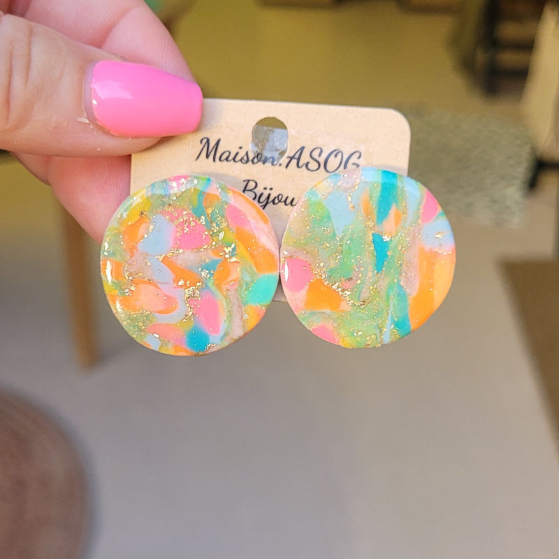 Boucles d'oreilles Romy marbrée orange rose vert bleu doré