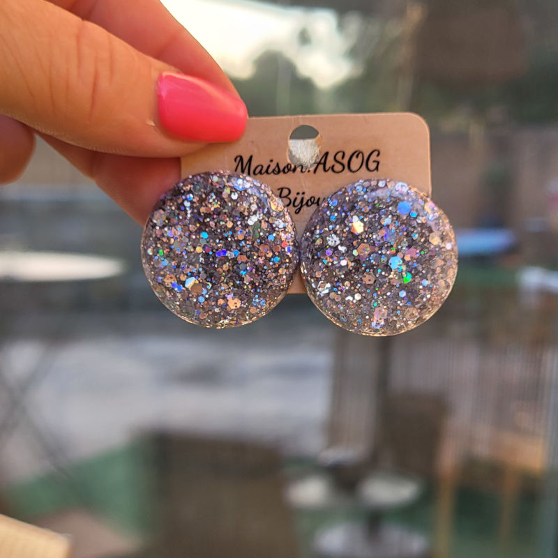 Boucles d'oreilles Romy paillette argentée holographique