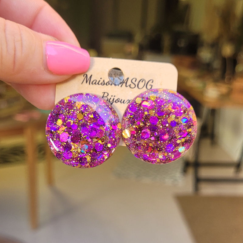 Boucles d'oreilles Romy paillette prune et dorée