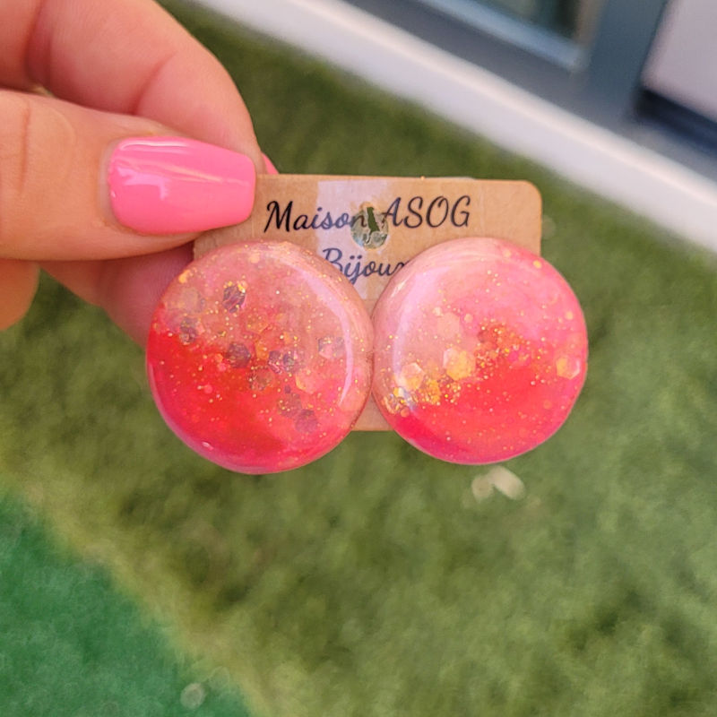 Boucles d'oreilles Romy rose bonbon et fluo et paillette dorée holographique