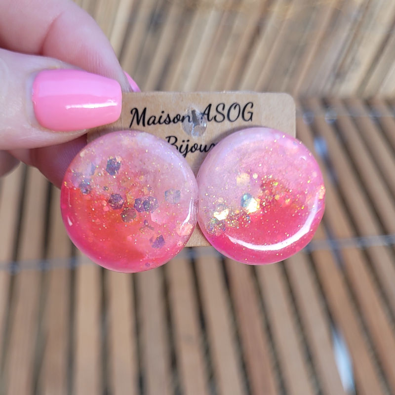 Boucles d'oreilles Romy rose bonbon et fluo et paillette dorée holographique
