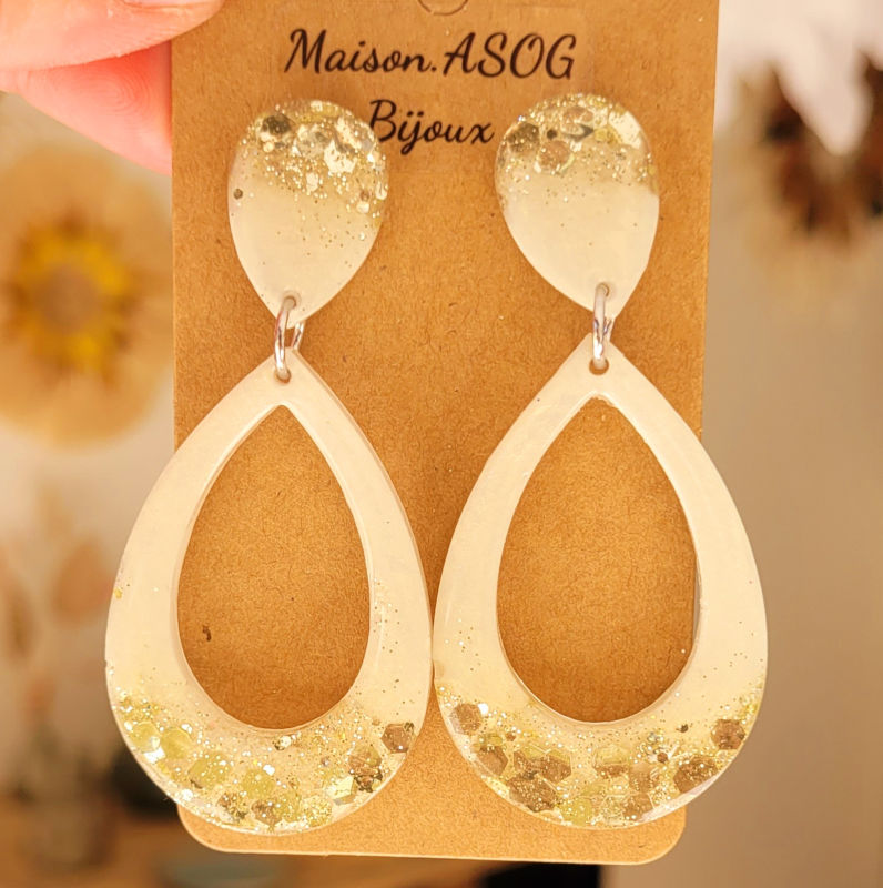 Boucles d'oreilles Sophia Blanc nacré paillette champagne