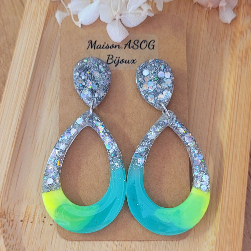 Boucles d'oreilles Sophia Fluo bleu vert jaune paillette argentée holographique