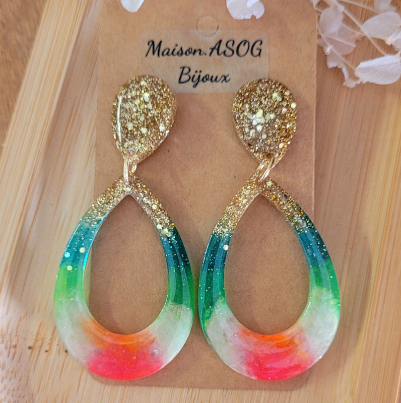 Boucles d'oreilles Sophia Fluo multicolore paillette dorée