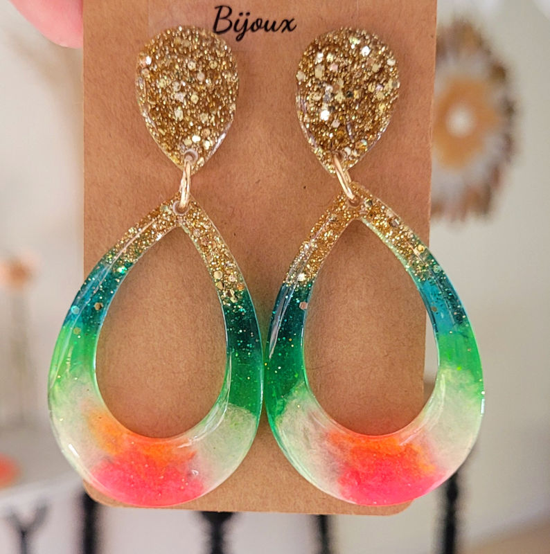 Boucles d'oreilles Sophia Fluo multicolore paillette dorée