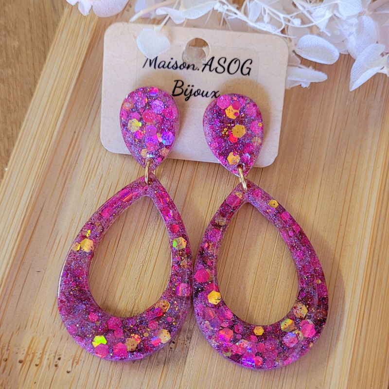 Boucles d'oreilles Sophia paillette rose fushia et dorée