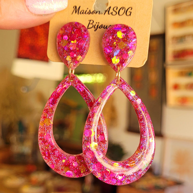 Boucles d'oreilles Sophia paillette rose fushia et dorée