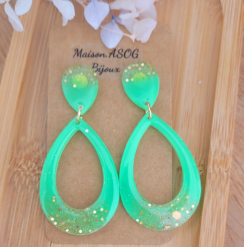 Boucles d'oreilles Sophia vert flashy paillette doré holographique