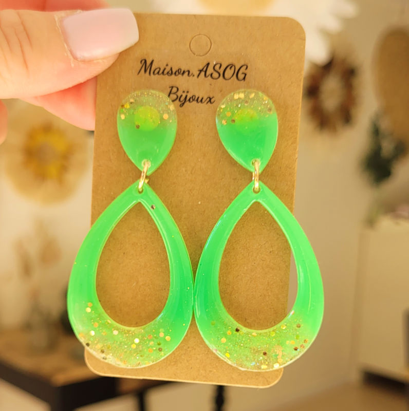 Boucles d'oreilles Sophia vert flashy paillette doré holographique