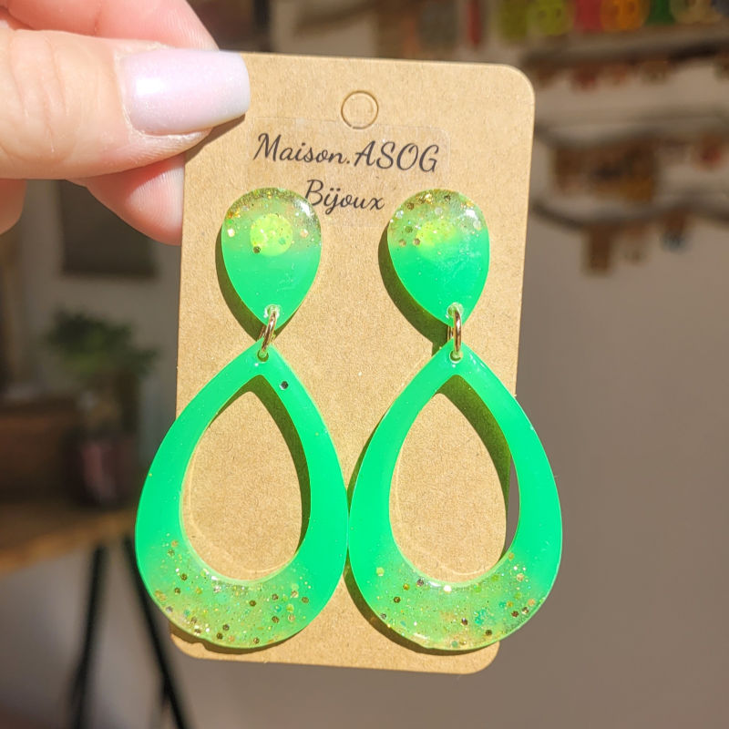 Boucles d'oreilles Sophia vert flashy paillette doré holographique