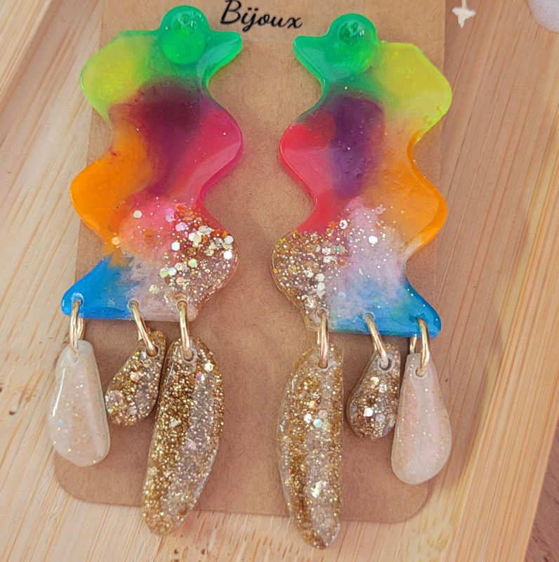 Boucles d'oreilles Zoé fluo multicolore paillette dorée