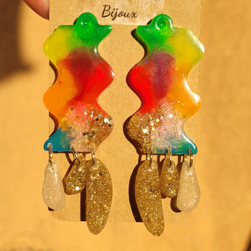 Boucles d'oreilles Zoé fluo multicolore paillette dorée